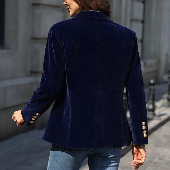 Navy Blue Elegant Women's Premium Velvet Blazer jacket - Picture 2 of 5
